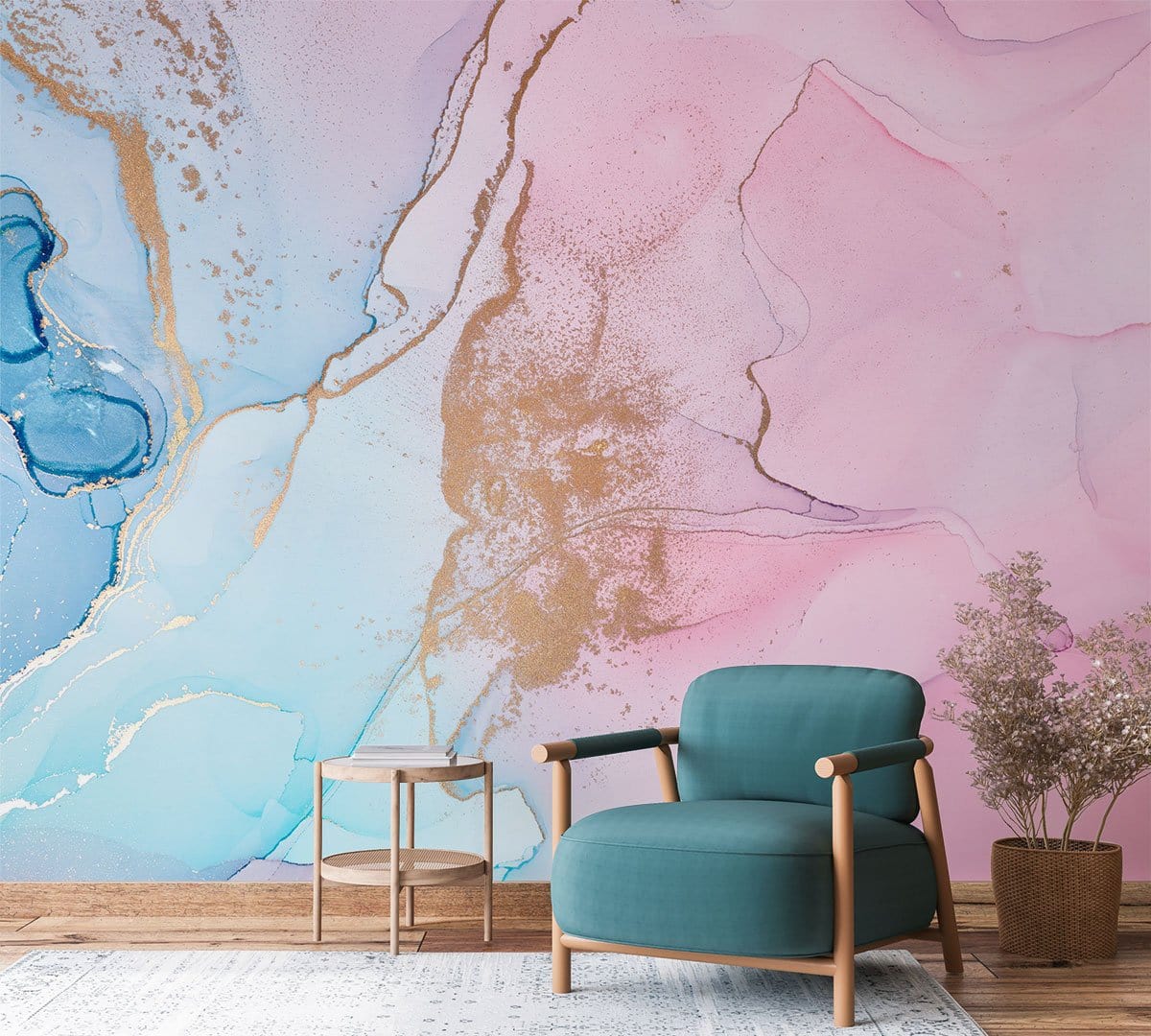 Luxury watercolour mural wallpaper in pastel tones, teal armchair, round wooden table, cosy living room.