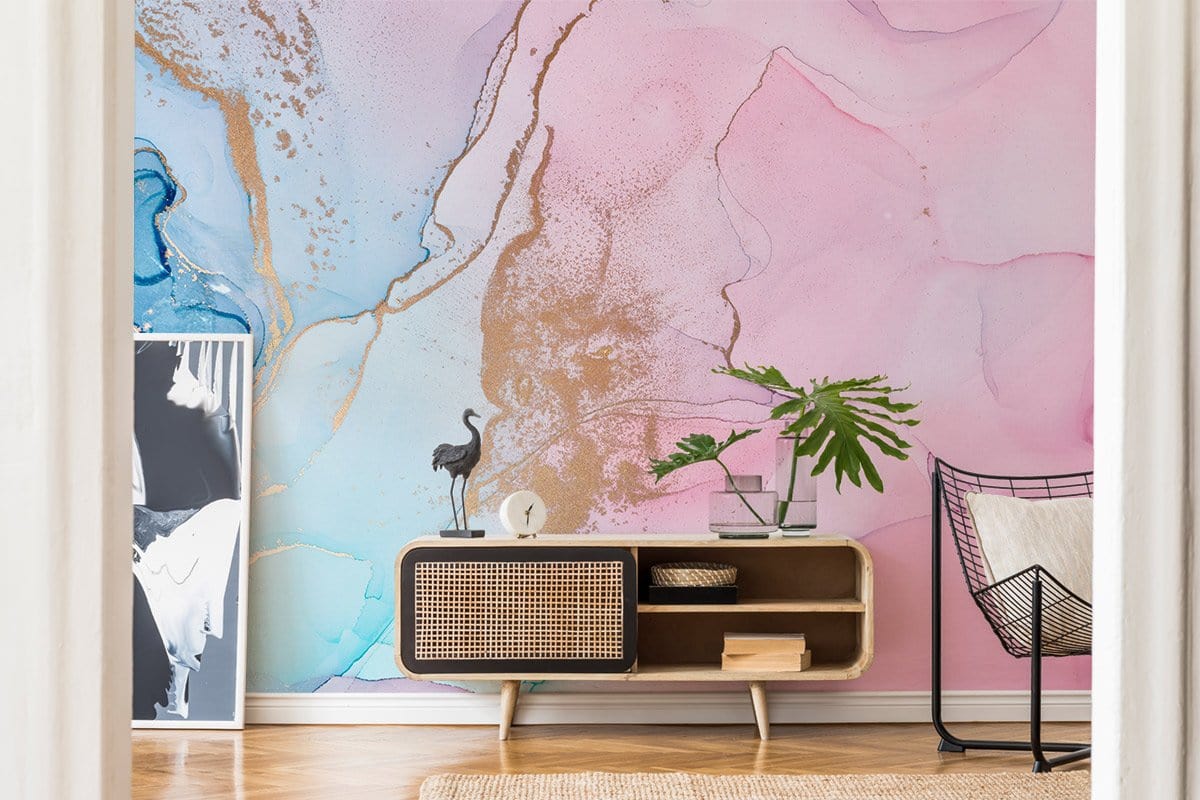 Luxury Watercolour Mural Wallpaper in pastel tones, featuring stylish sideboard and modern chair.