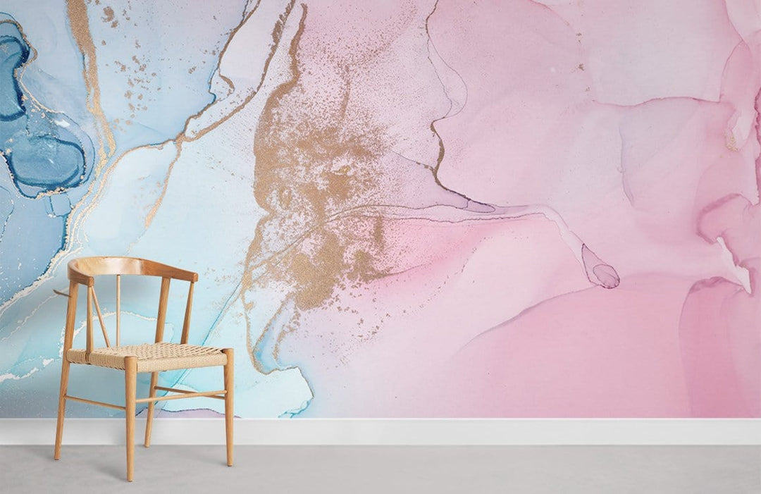 Luxury watercolour mural wallpaper in pastel pink and blue tones, wooden chair, minimalist room design.