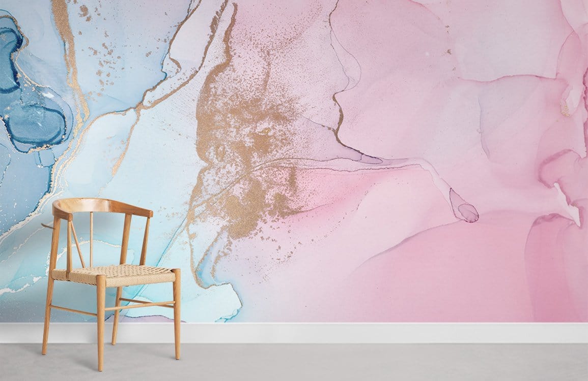 Luxury watercolour mural wallpaper in pastel pink and blue tones, wooden chair, minimalist room design.