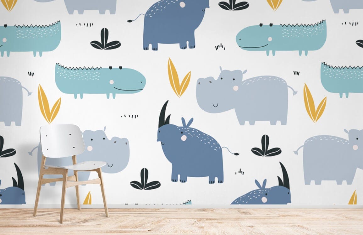 Playful Safari Animals wallpaper in pastel blue and yellow, wooden chair, light wood flooring, kids' room.