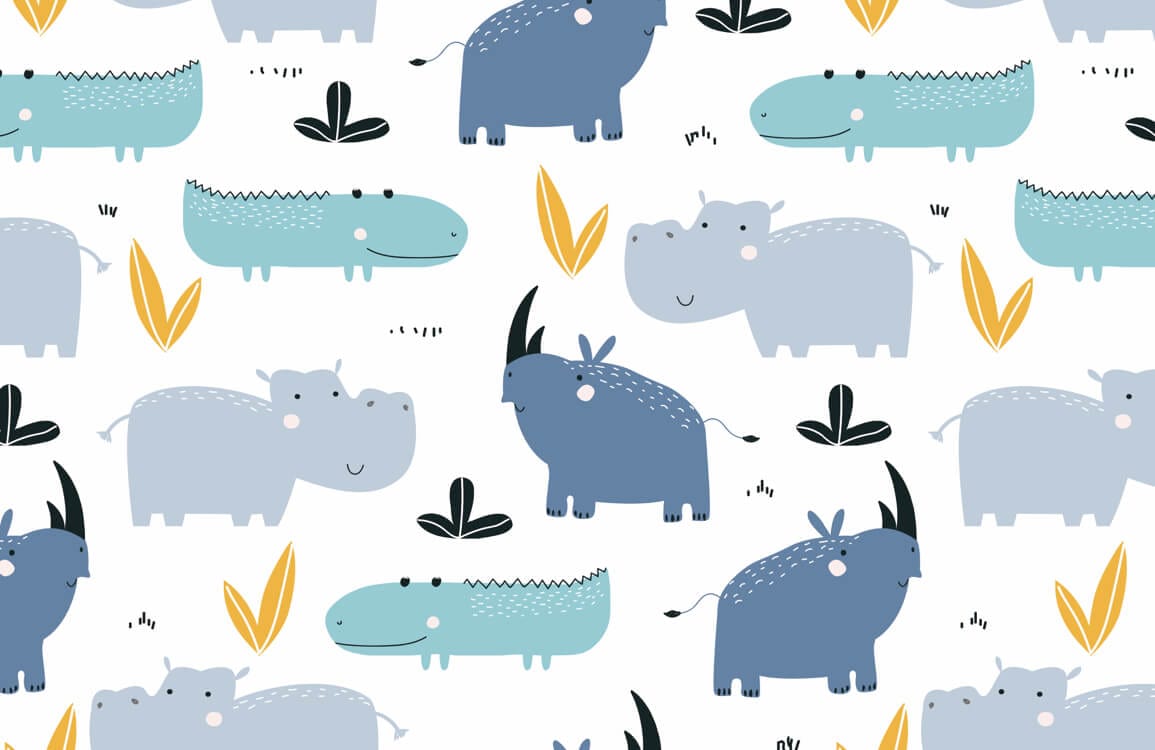 Playful Safari Animals Kids Wallpaper in Pastel Blue and Yellow Design