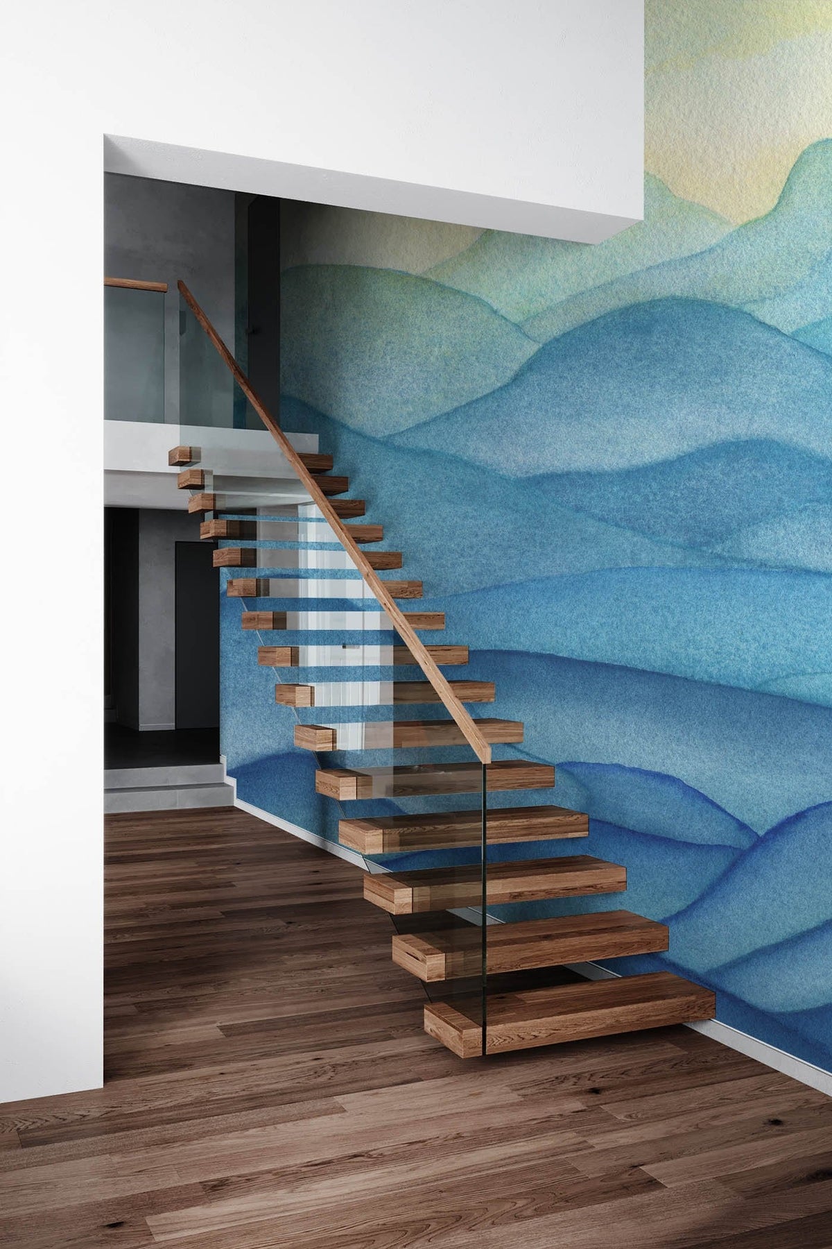 Modern staircase with Tranquil Blue Watercolour Mountain Landscape Mural Wallpaper, wooden steps, glass balustrade.