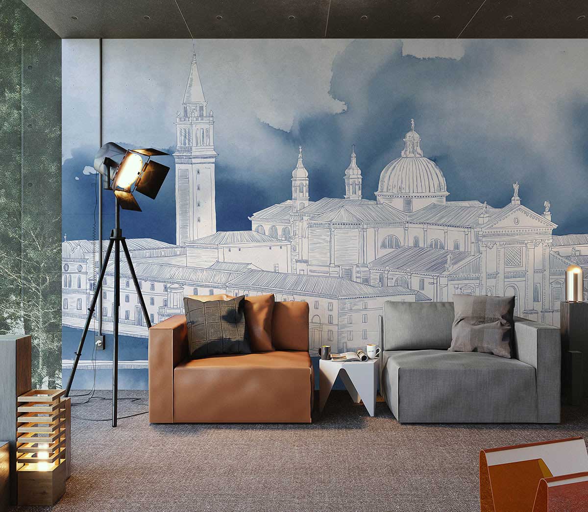 Elegant Blue Watercolour Venice Skyline Mural, grey and brown sofas, modern lighting, stylish living room.