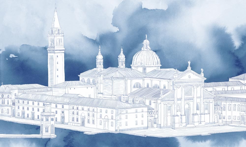 Elegant Blue Watercolour Venice Skyline Mural Wallpaper for Timeless Interiors