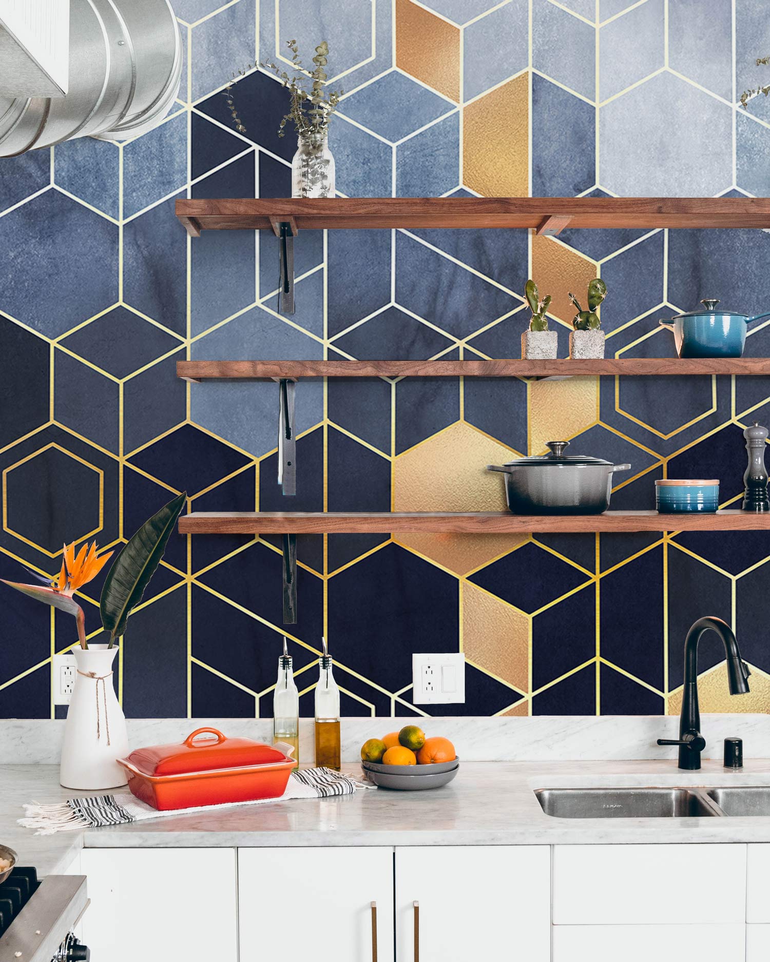 Geometric Blue and Gold Modern Style Mural Wallpaper for Sophisticated ...