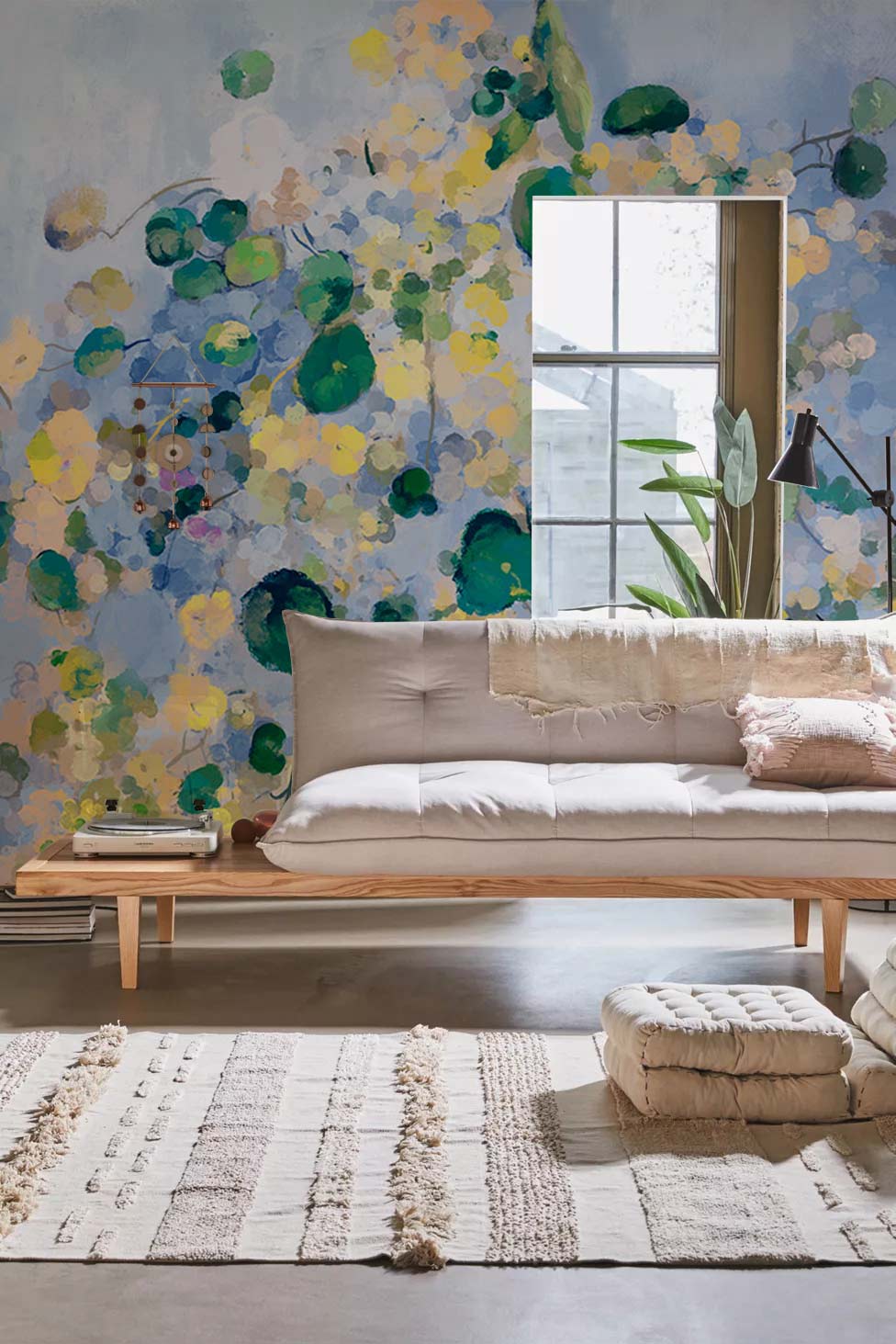 Abstract Pastel Watercolour Floral Mural: Modern sofa, pastel walls, parquet flooring, cosy living room design.