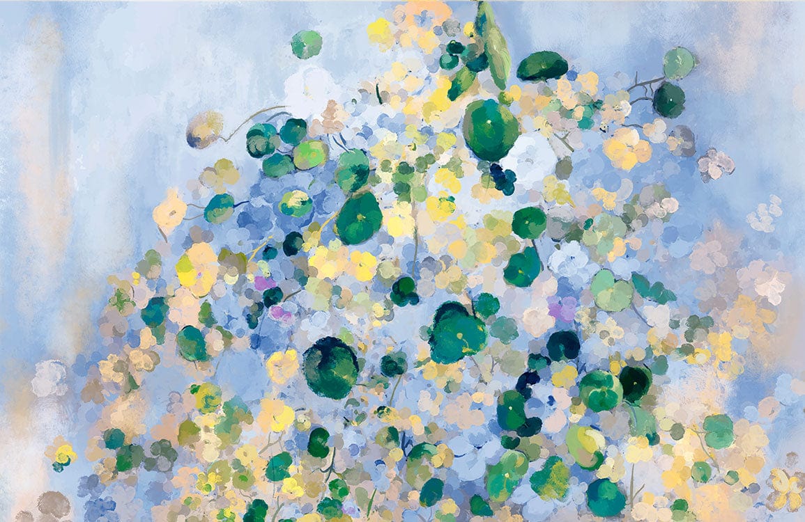 Abstract Pastel Watercolour Floral Mural Wallpaper: Blue, Green, Yellow Elegance
