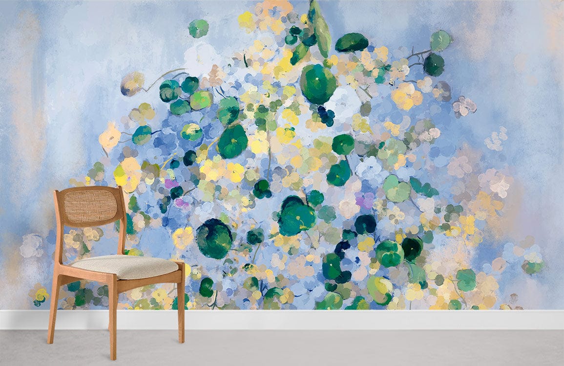 Abstract Pastel Watercolour Floral Wallpaper: Blue, Green, Yellow Elegance in room with wooden chair.