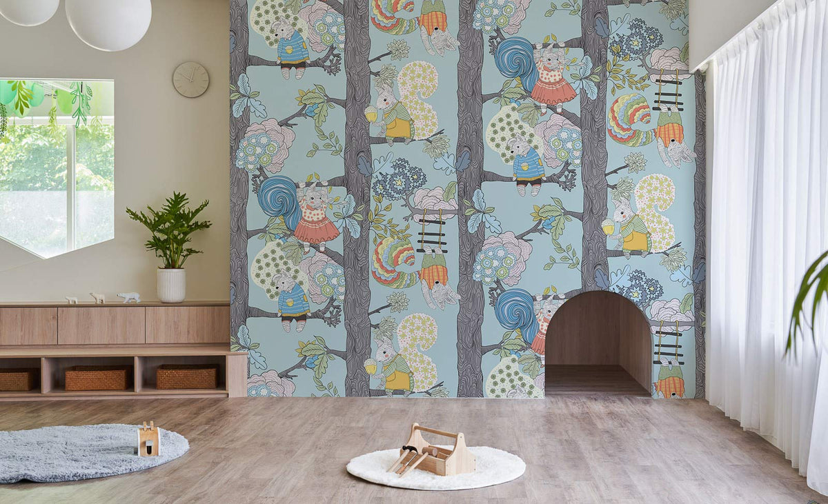 Enchanted Woodland Creatures Kids' Nursery Wallpaper with playful pastel blue design, wooden floor, cosy atmosphere.
