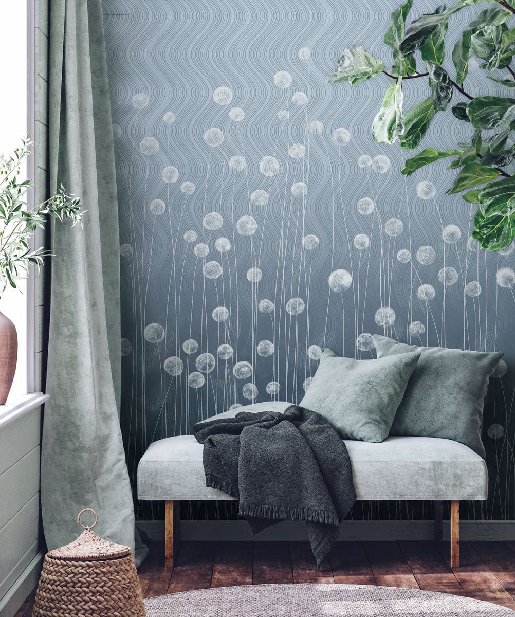 Elegant grey wavy floral mural wallpaper with modern decor, grey sofa, and wooden flooring in living room.