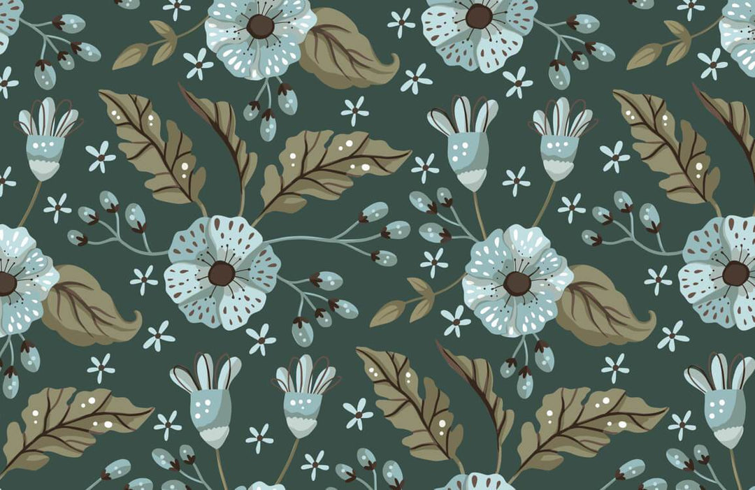 Vintage Botanical Floral Wallpaper in Teal and Brown with Leafy Motif
