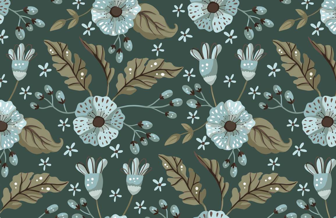 Vintage Botanical Floral Wallpaper in Teal and Brown with Leafy Motif