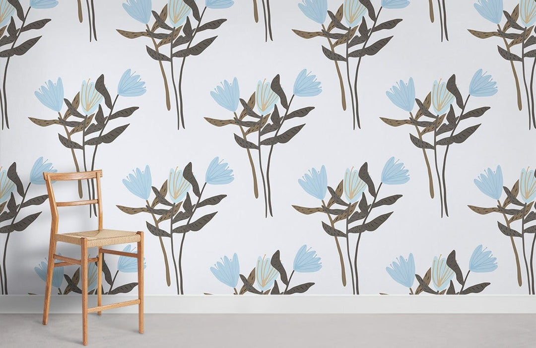 Blue Floral Patterned Wallpaper: Modern Botanical Mural for Elegant Spaces
