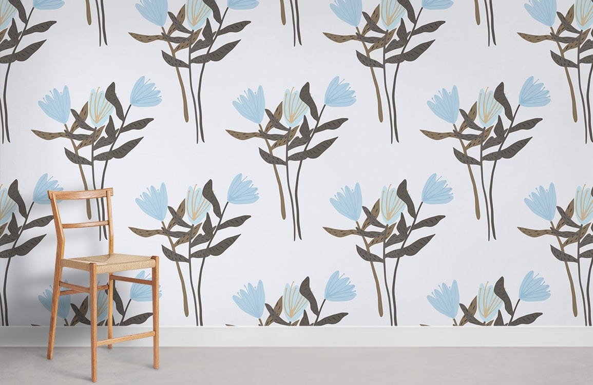 Blue Floral Patterned Wallpaper: Modern Botanical Mural for Elegant Spaces