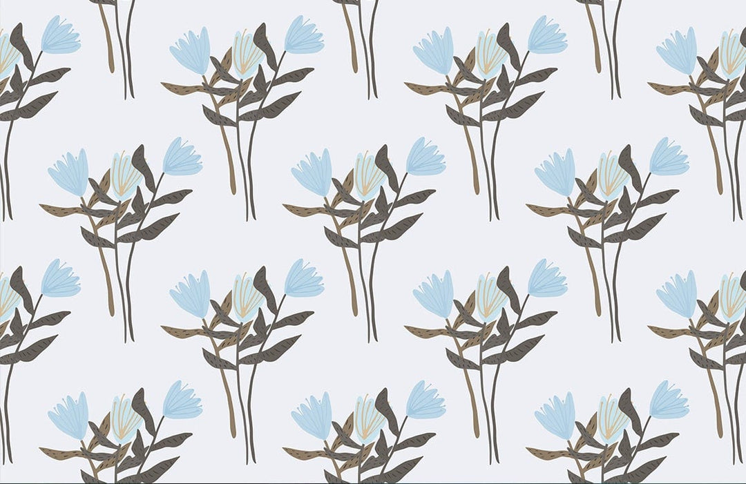 Blue Floral Patterned Wallpaper with modern botanical design for elegant interiors, showcasing soft blue hues.