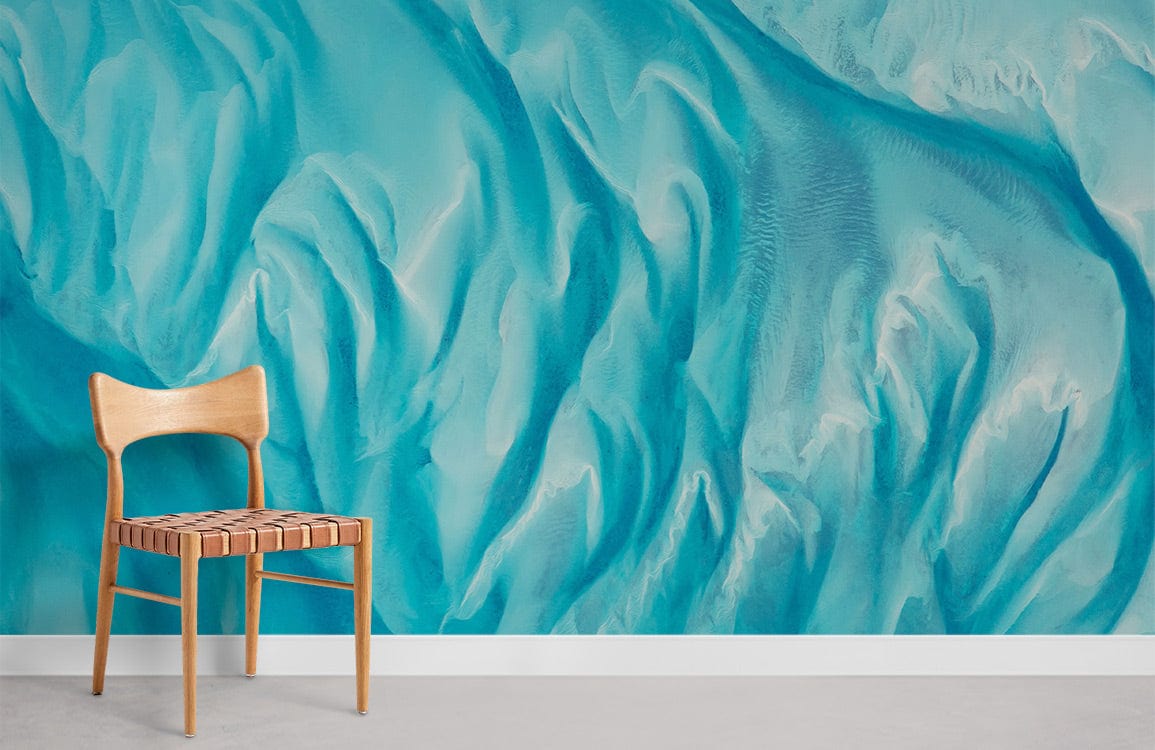 Aqua Coastal Dreamscape Mural Wallpaper in room with wooden chair and grey flooring, ocean-inspired design.