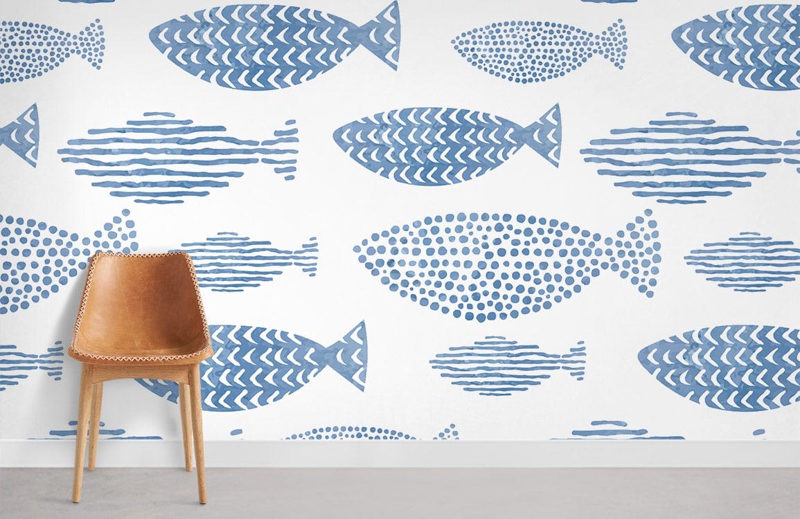 Blue Watercolour Fish Pattern Wallpaper Mural