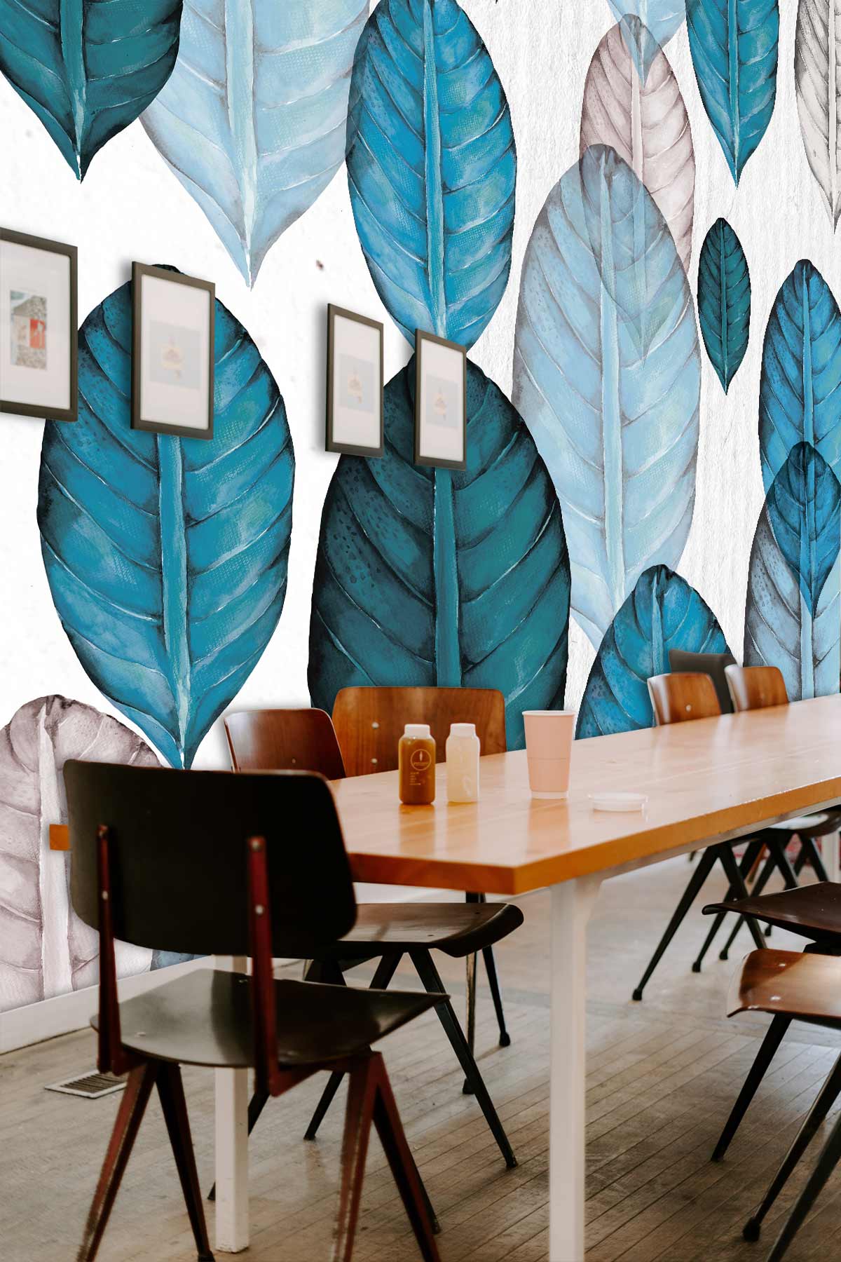 Aqua Blue and Grey Feather Wallpaper in dining room, wooden table, contemporary chairs, framed artwork.