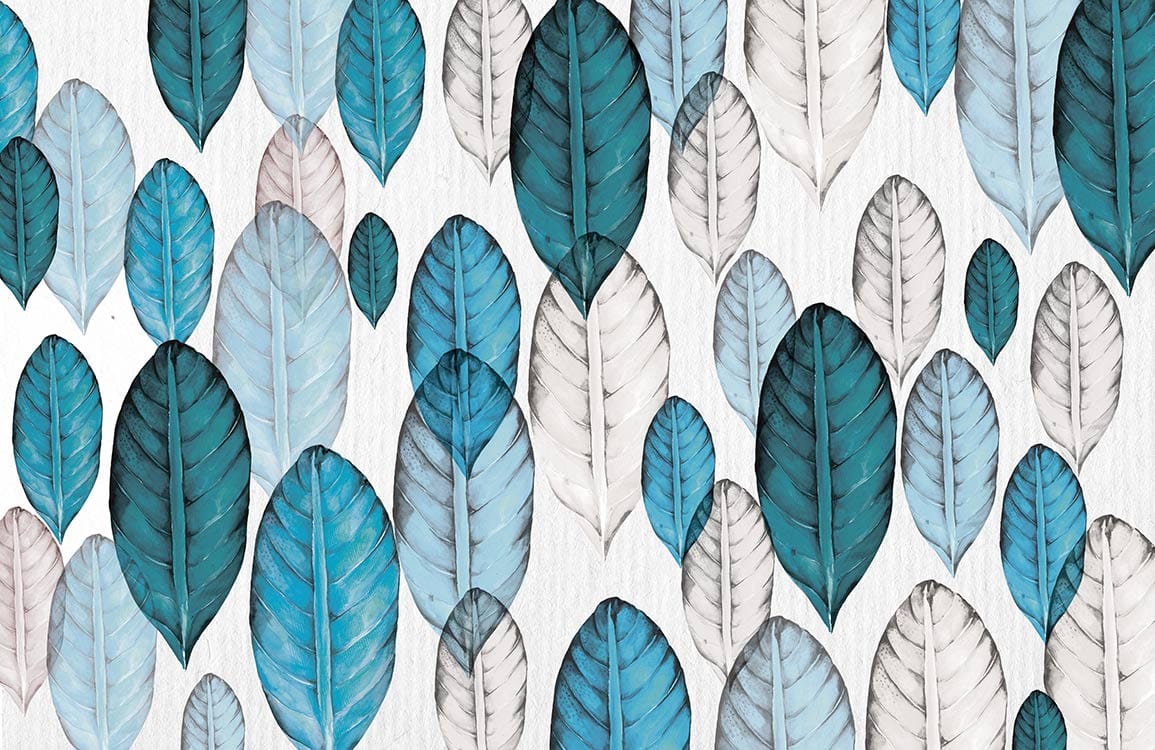 Aqua Blue and Grey Feather Patterned Mural Wallpaper for Elegant Interiors