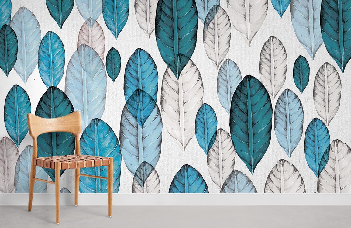 Blue Watercolour Leaves Wallpaper Mural