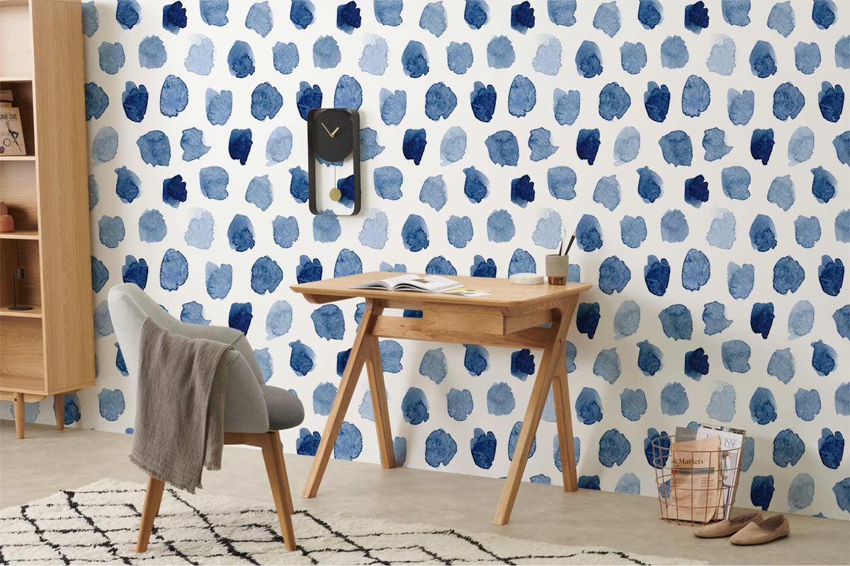 Navy and Sky Blue Watercolour Dots Wallpaper in modern study with wooden desk and armchair.