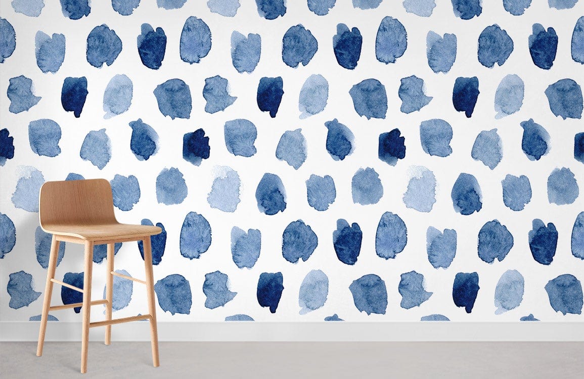 Navy and Sky Blue Watercolour Dots Wallpaper, modern home, wooden stool, simple floor design.