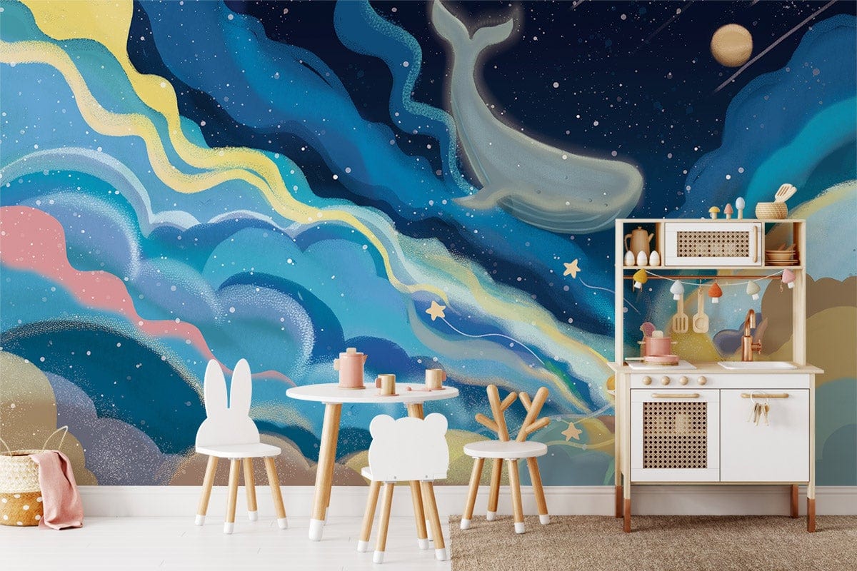 Children's playroom featuring Dreamy Cosmic Whale Adventure Mural Wallpaper, rabbit chairs, wooden play kitchen.