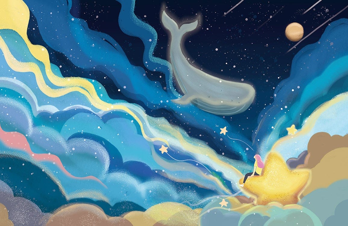 Dreamy Cosmic Whale Adventure Mural Wallpaper in Blue and Yellow Tones