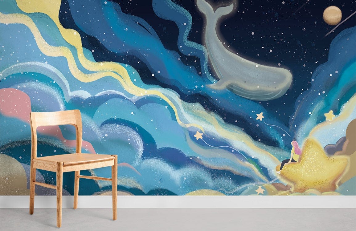 Dreamy cosmic whale mural with wooden chair, featuring blue and yellow tones in a modern room.