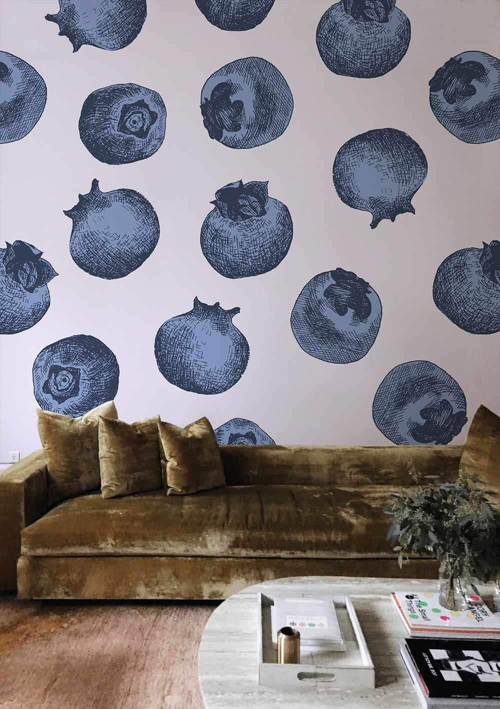 Blueberry Botanical Charm Wallpaper, vintage illustration, soft blue; velvet sofa, modern living room decor.
