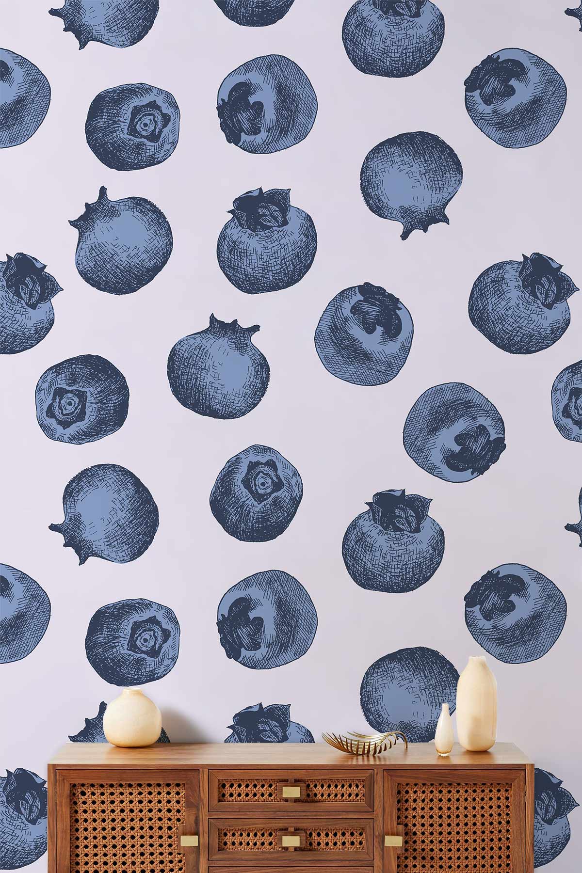 Blueberry Botanical Charm Wallpaper in soft blue with vintage pattern, featuring wood sideboard accents.