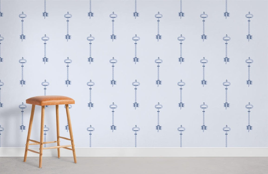 Vintage blue key patterned wallpaper, classic decor, wooden stool, light flooring, elegant interior design.