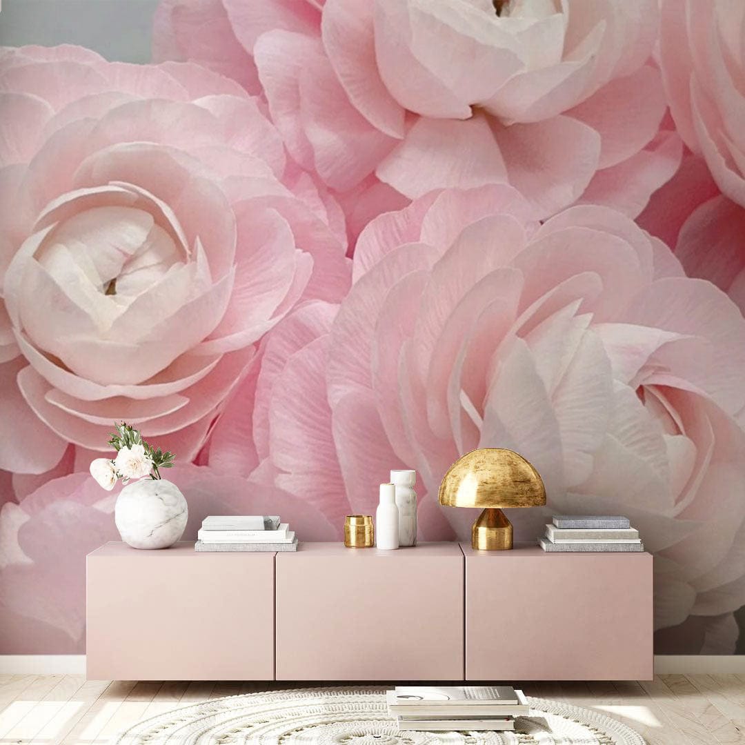 Blush Pink Ranunculus Wallpaper in elegant living room, featuring minimalist beige console, round rug.