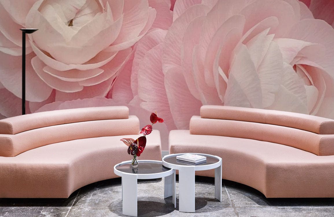 Blush Pink Ranunculus Wallpaper in elegant living room, matching pink curved sofas, modern decor style.