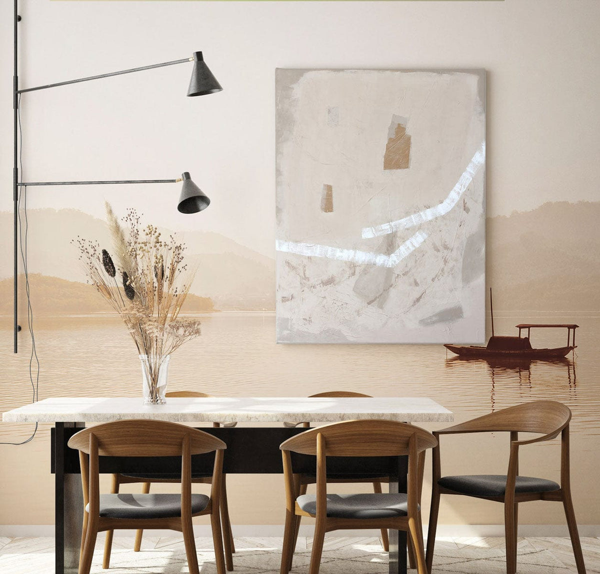 Tranquil Lake Mist Mural Wallpaper: dining room, wooden chairs, light stone table, abstract wall art.