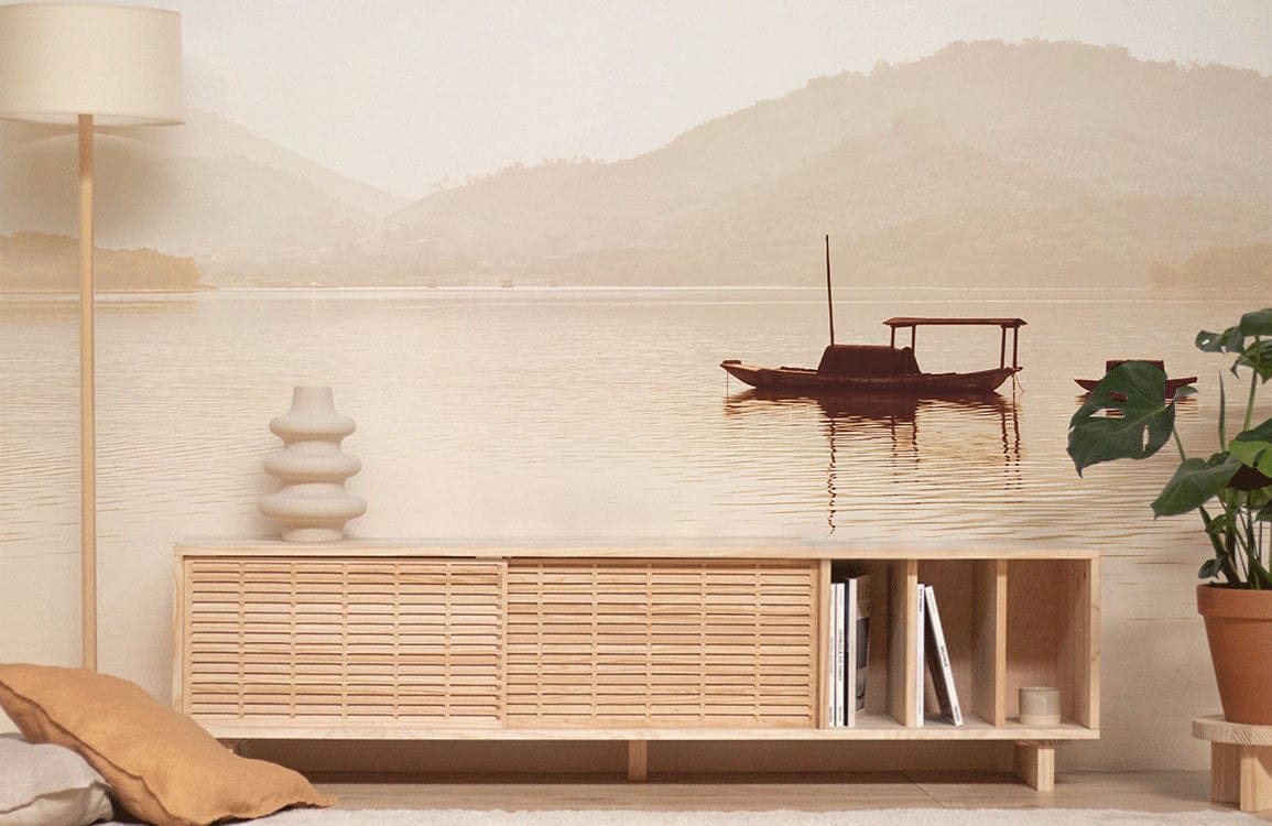 Tranquil Lake Mist Mural Wallpaper with minimalist cabinet, neutral tones, soft lighting, serene living room.
