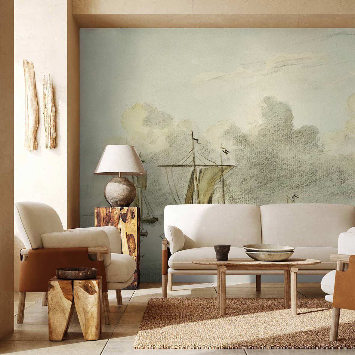 Vintage Nautical Watercolour Wallpaper with beige sofa, wooden table, and neutral decor in living room.