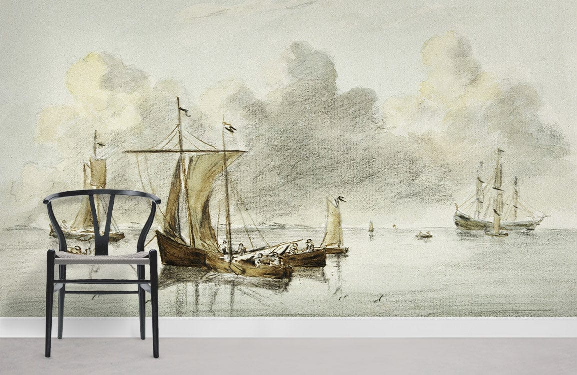 Vintage nautical watercolour wallpaper in soft pastels, black chair, minimalist style, elegant living room.