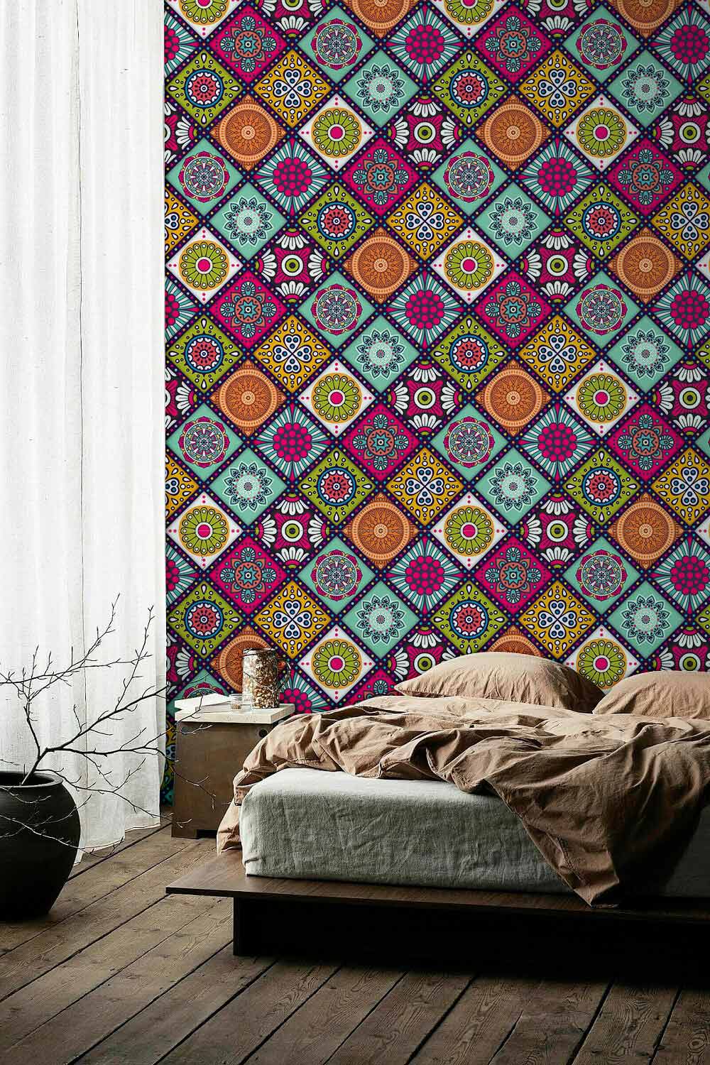 Vibrant Moroccan tile pattern wallpaper in bedroom with wooden flooring and minimalistic bed design.