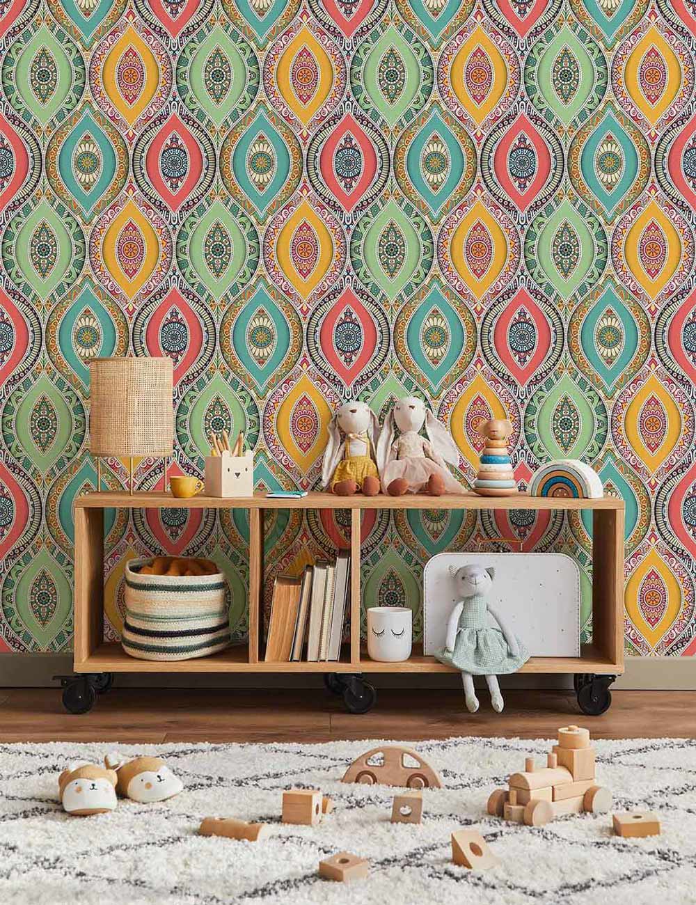 Vibrant Bohemian geometric wallpaper in nursery, wooden shelf with toys, cosy rug, playful ambience.