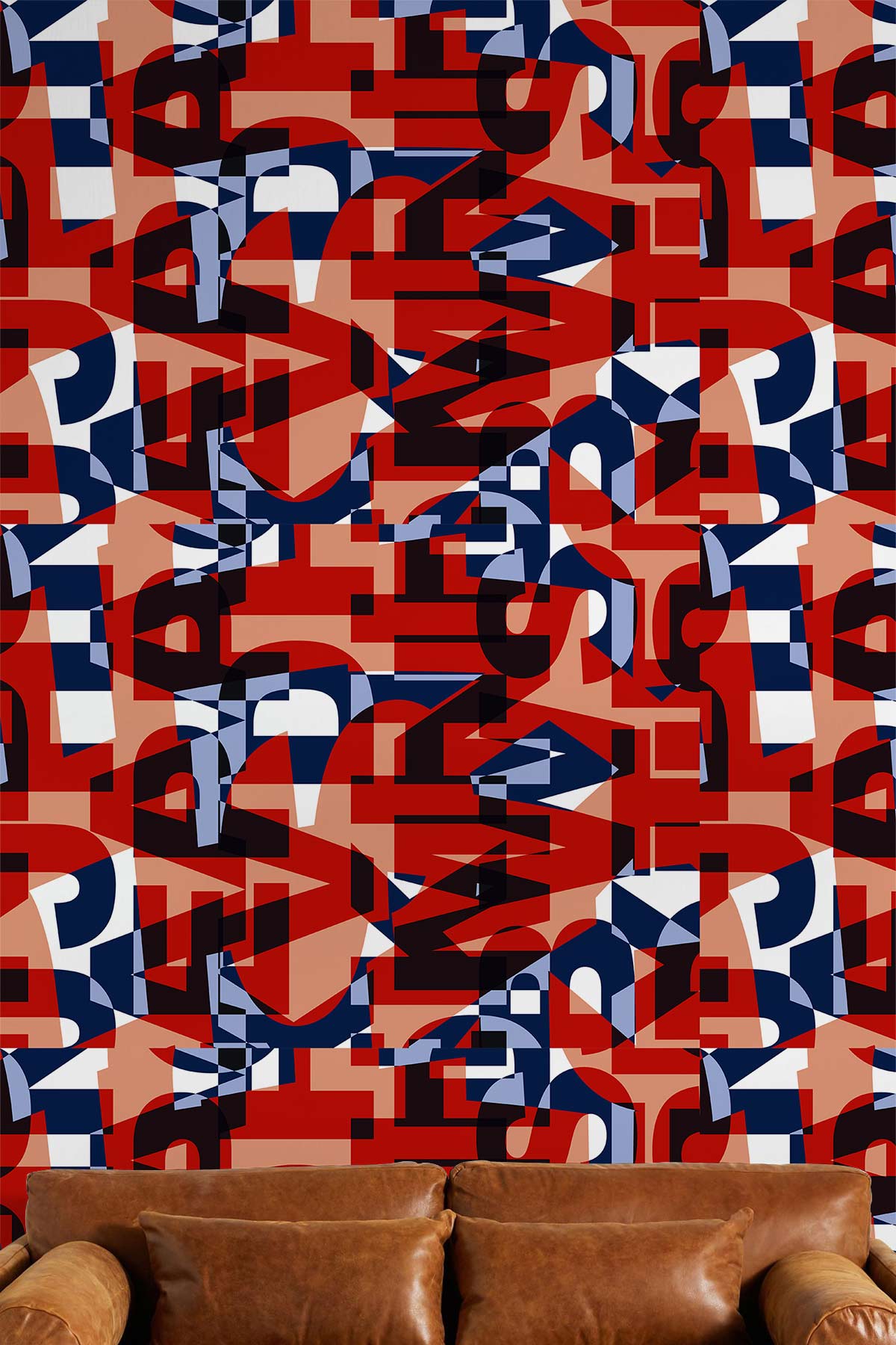 Retro geometric wallpaper in red, blue, white behind brown leather sofa, modern living room Décor.