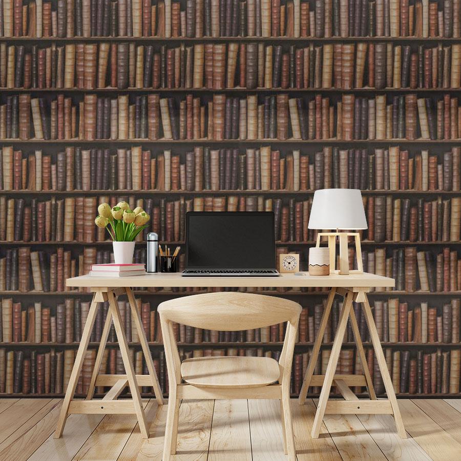 Vintage library bookshelf wallpaper in room with wooden desk, chair, and lamp on wooden flooring.
