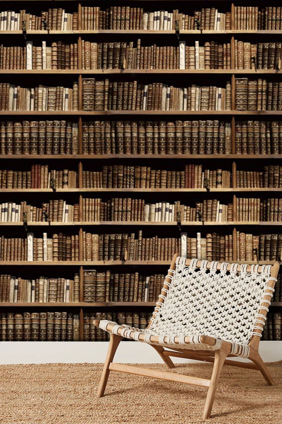 Vintage library bookshelf wallpaper with brown book pattern, minimalist chair, and woven flooring.