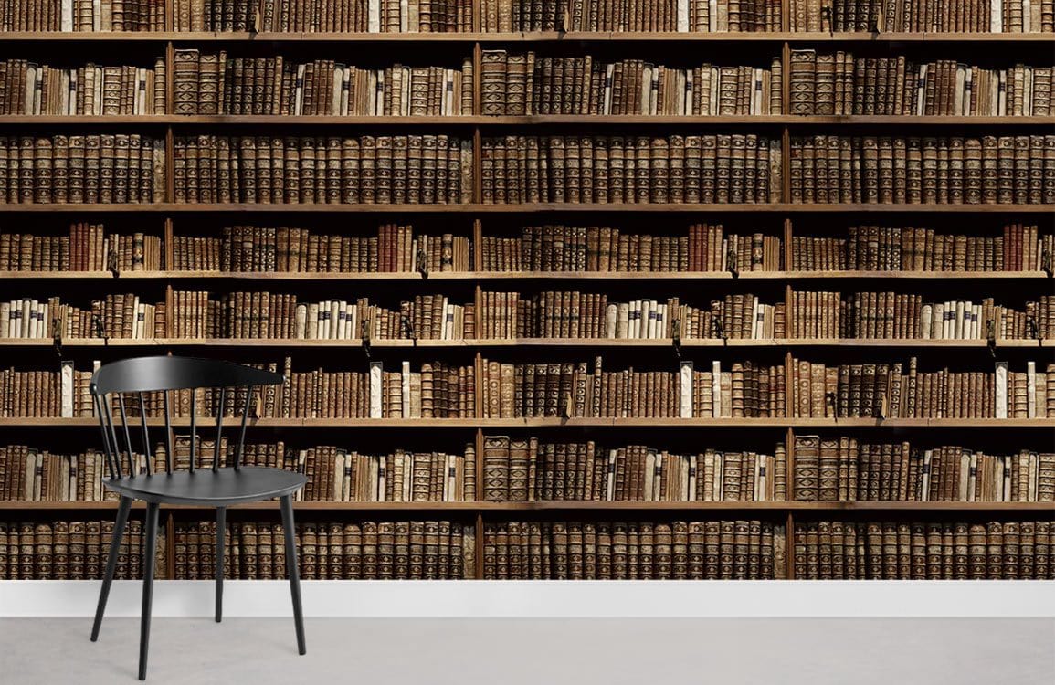 Vintage library bookshelf mural wallpaper, classic brown book pattern, black chair, grey flooring.