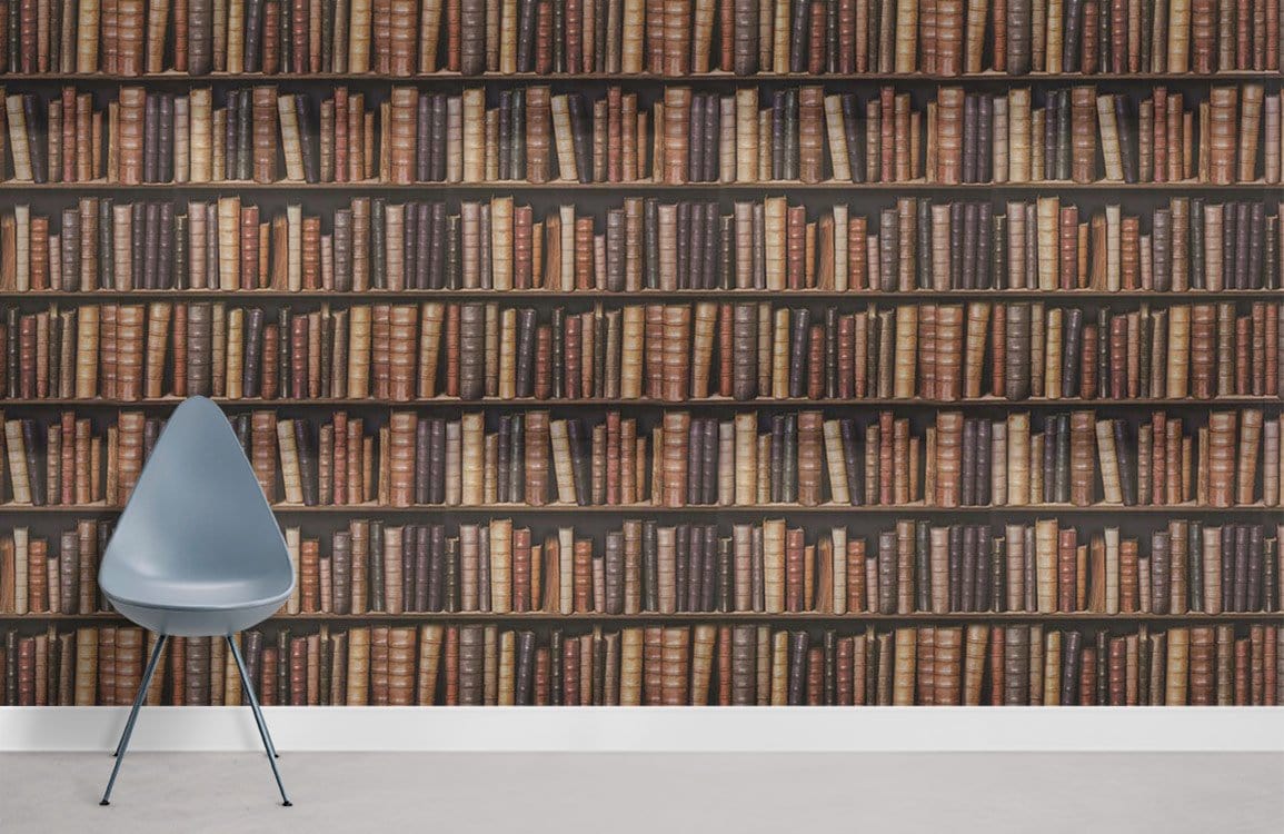 Vintage library bookshelf wallpaper, grey chair, classic brown and cream literary decor, modern flooring.