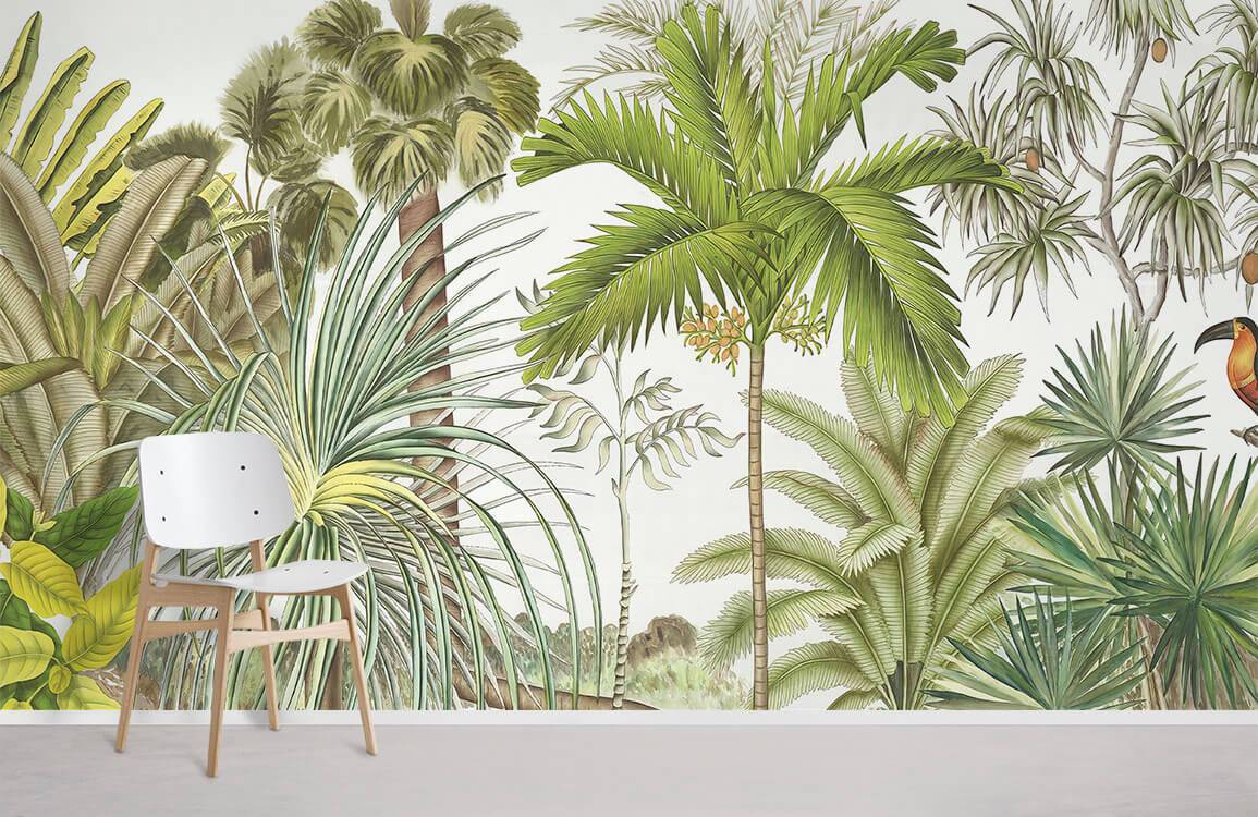 Alt text: Tropical Jungle Paradise Wallpaper with lush greenery, modern white chair, concrete floor in living room.