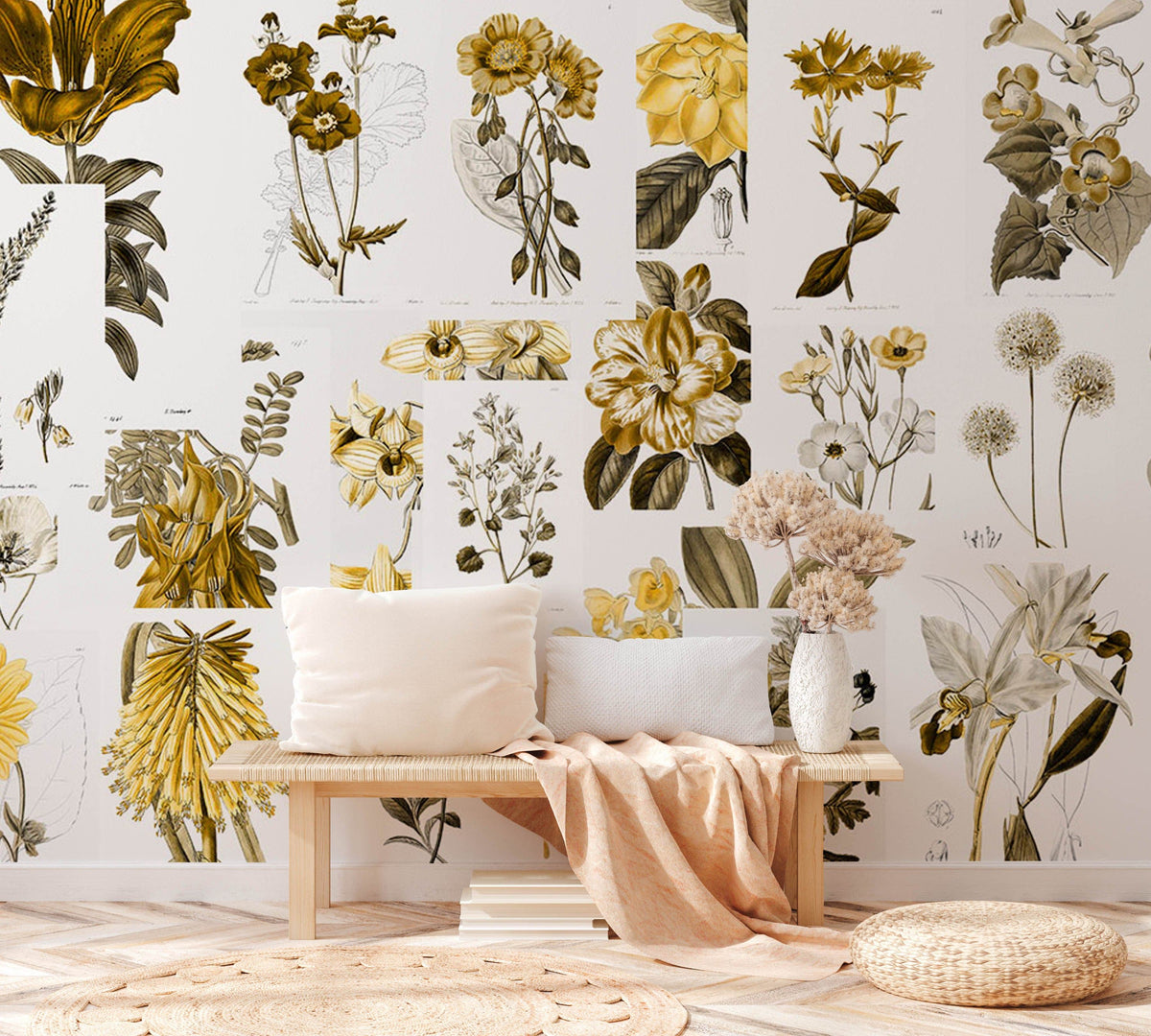 Vintage floral mural wallpaper in mustard yellow, olive green; features botanical illustrations; cosy wooden bench seating.