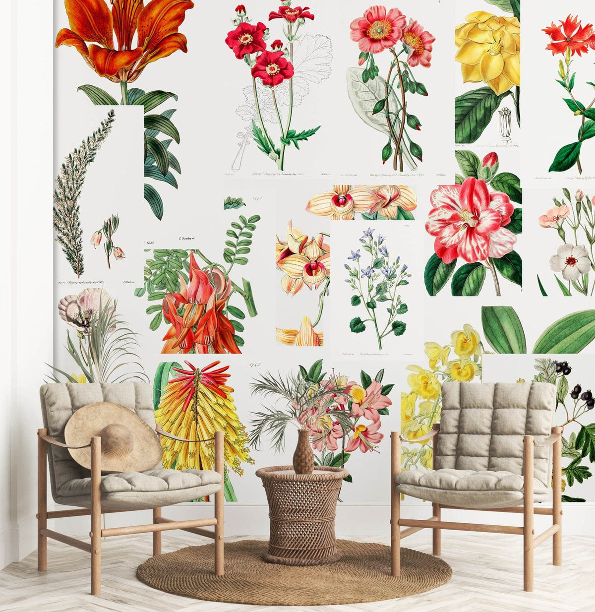 Vintage floral mural wallpaper with colourful garden blooms, two beige cushioned chairs, and woven round rug.