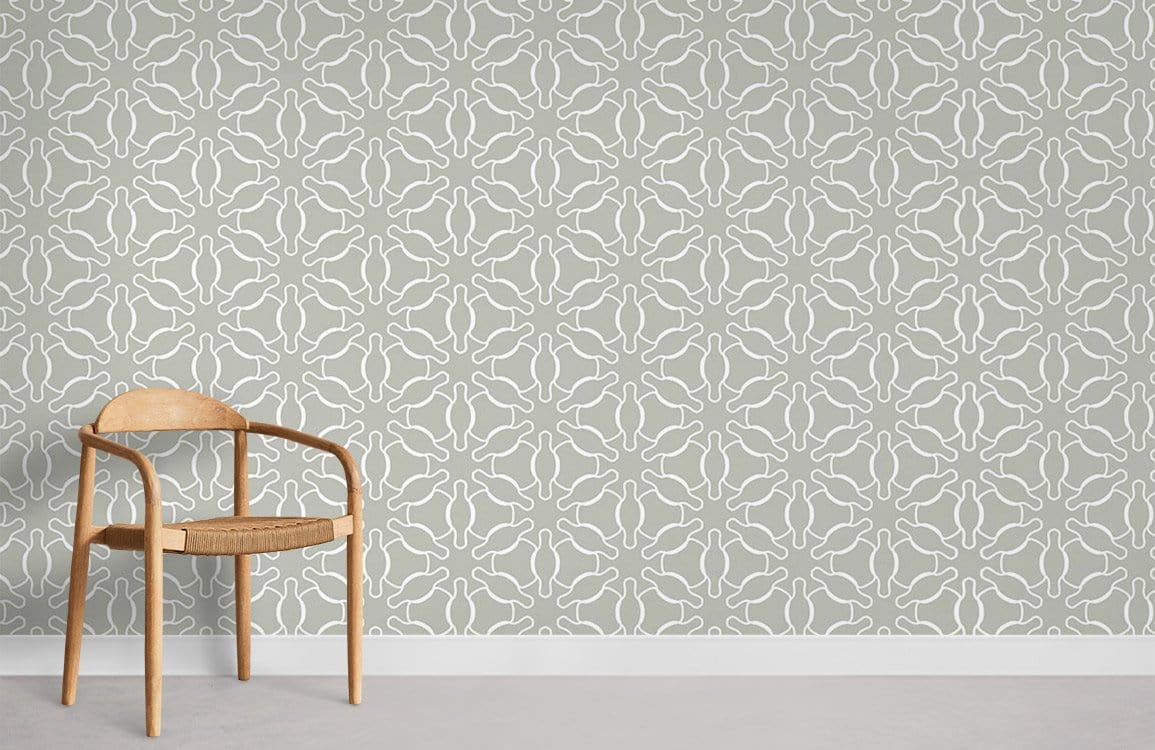 Elegant sage green abstract wallpaper with wooden chair, modern grey flooring in minimalist setting.